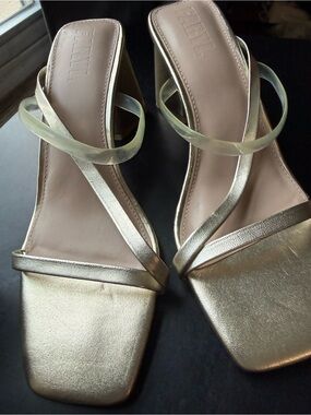 Gold Strappy Square-Toe Heeled Sandals - Women's Dress Slides